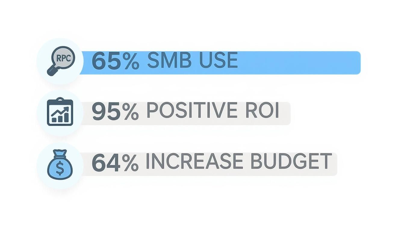 Infographic showing three key business metrics: 65% SMB use, 95% positive ROI, and 64% increase budget.