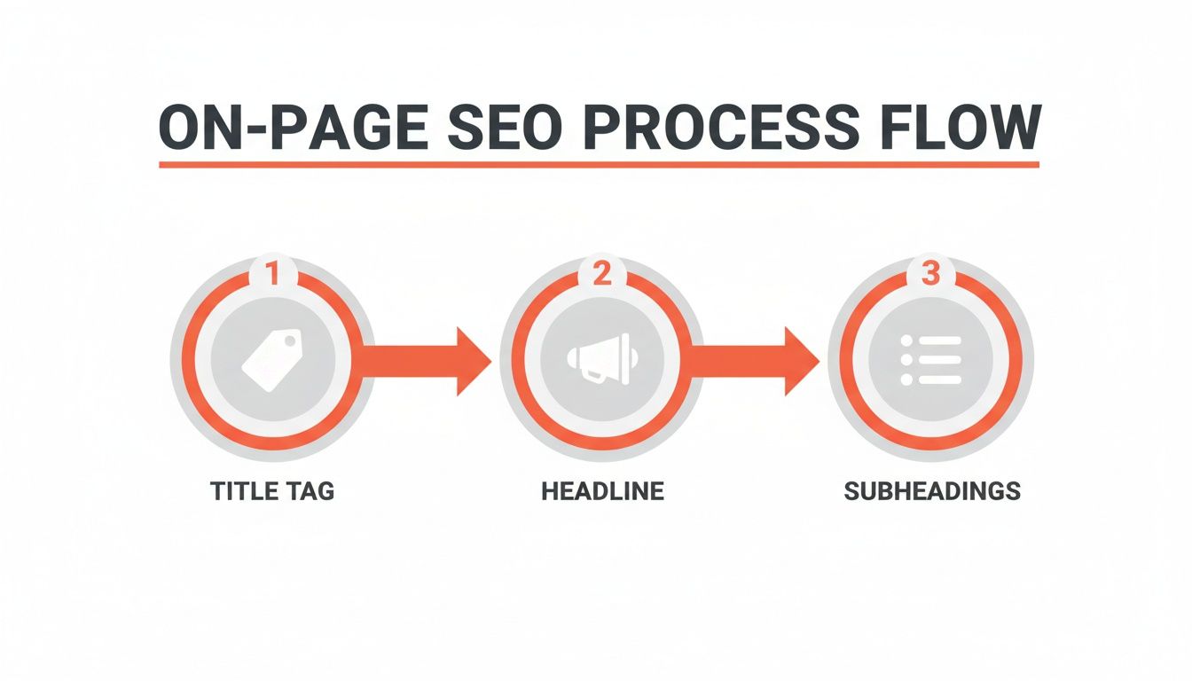 Infographic illustrating the 3-step on-page SEO process: title tag, headline, and subheadings.