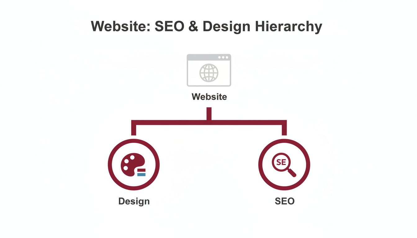 Hierarchy diagram showing a website broken down into design and SEO components.