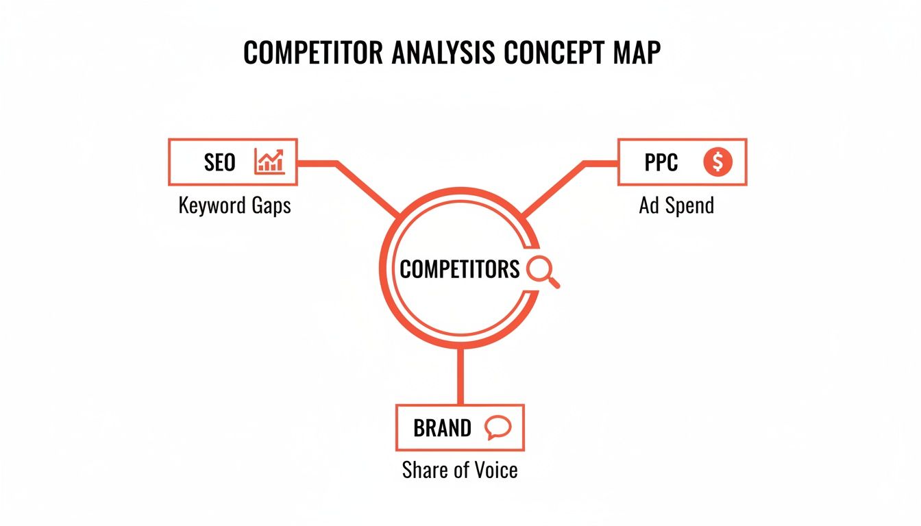 A competitor analysis concept map illustrating key metrics like SEO keyword gaps, PPC ad spend, and brand share of voice.