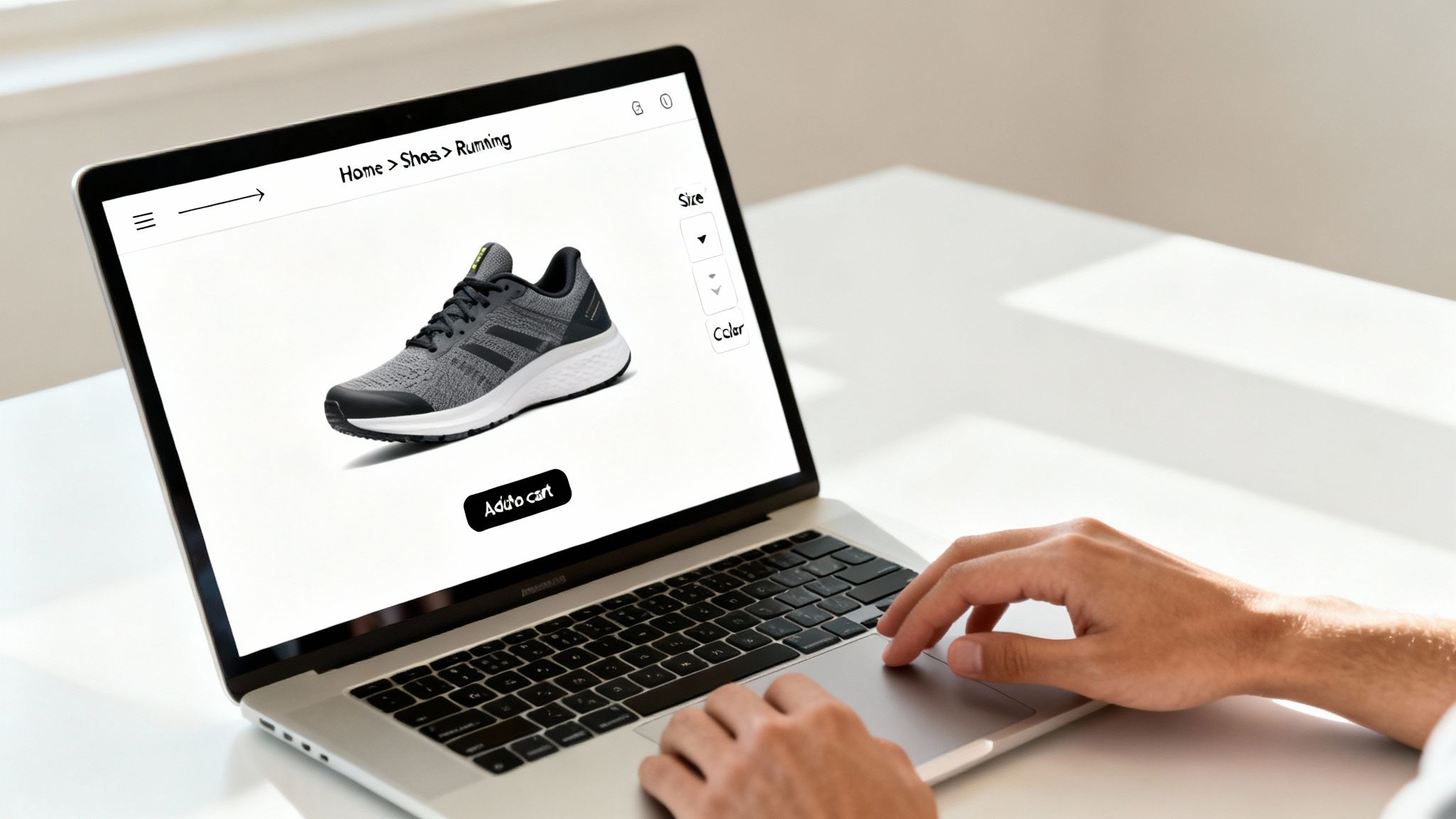 A person's hands are seen typing on a laptop, browsing an online shoe store displaying a grey running shoe.