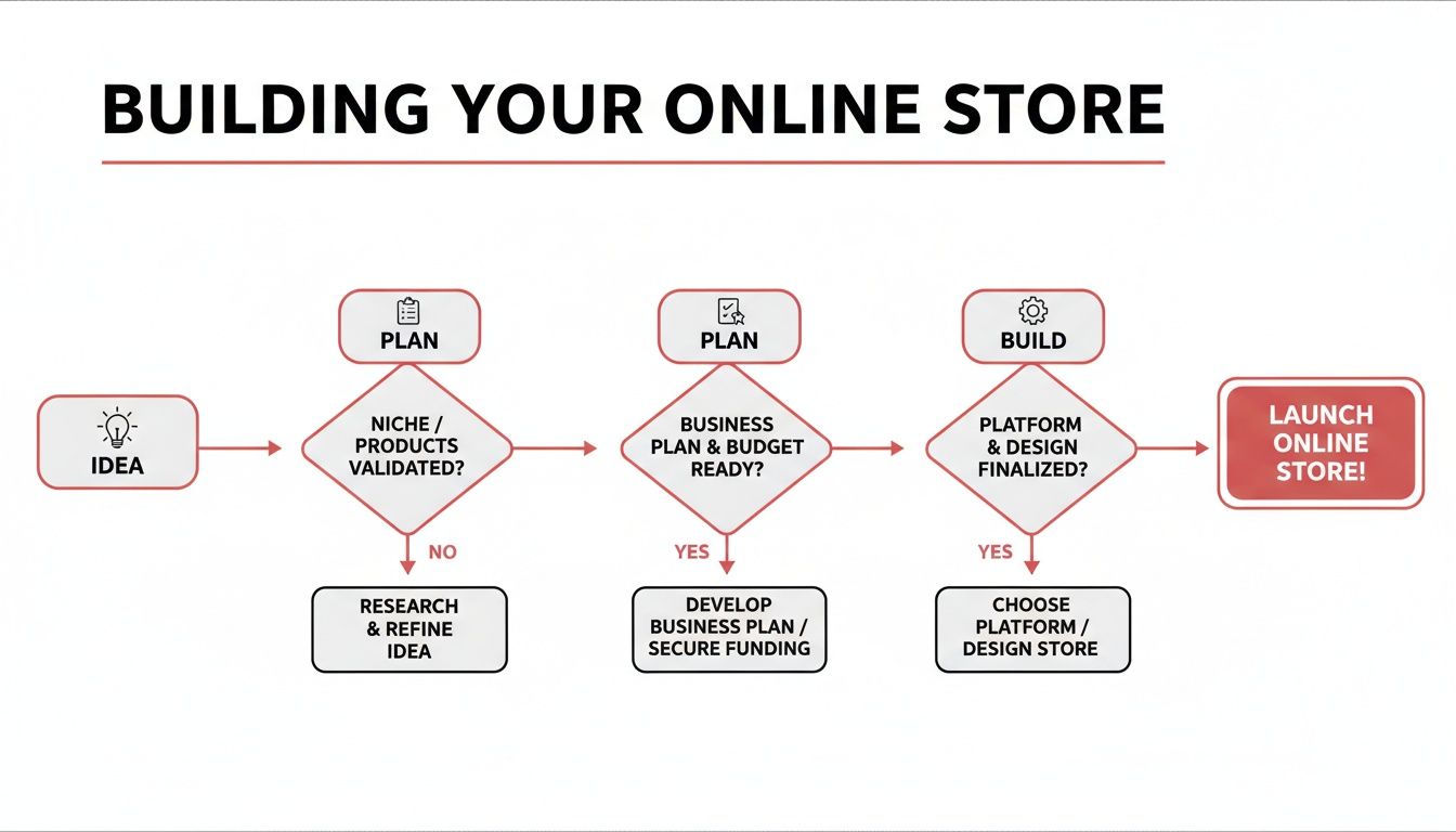 Flowchart outlining the step-by-step process of building and launching an online e-commerce store.