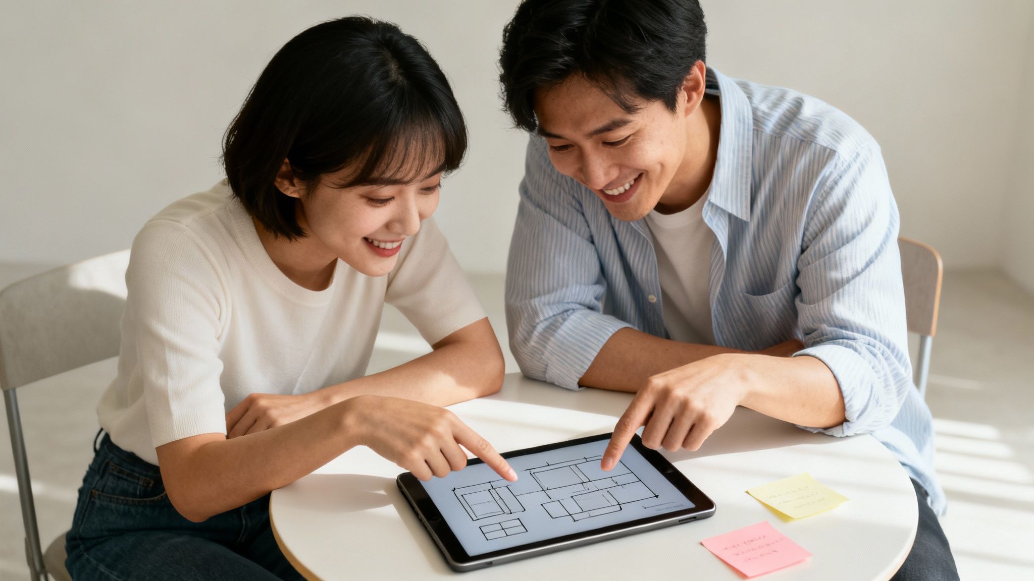 Two smiling people collaboratively reviewing a house floor plan on a tablet.