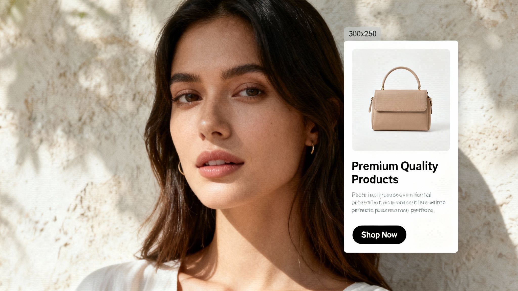 A woman with dark hair next to a web banner showcasing a beige handbag and premium products.