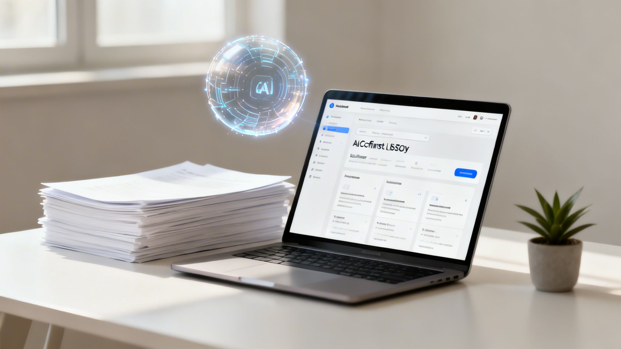 Modern workspace with a laptop, documents, and a futuristic AI holographic interface.