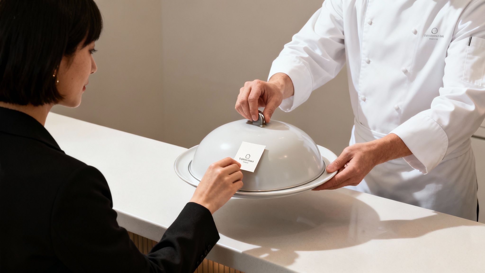 A chef in uniform presents a business card on a serving cloche to a customer.