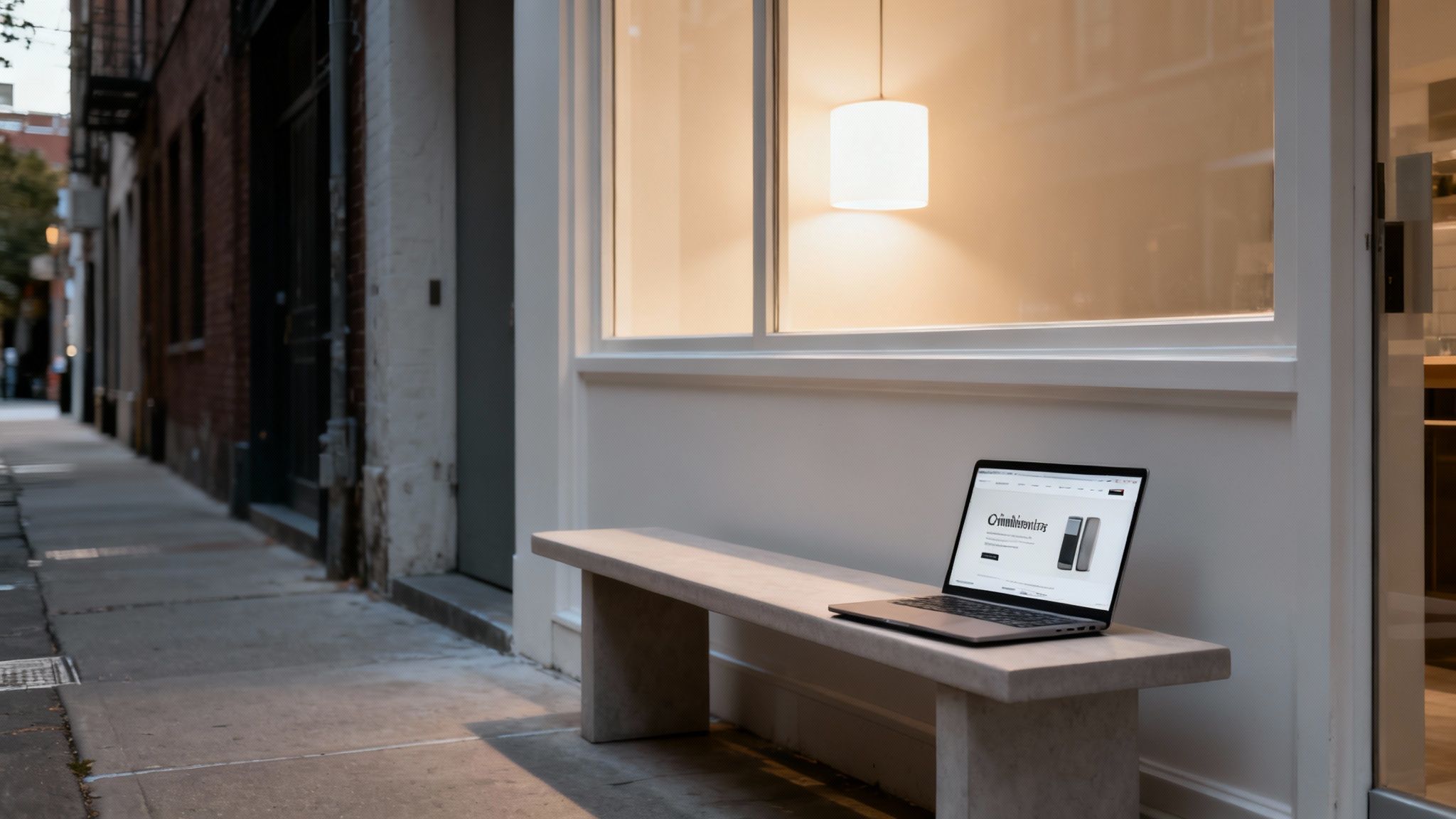 A laptop sits on a concrete bench outside a building with a large illuminated window.