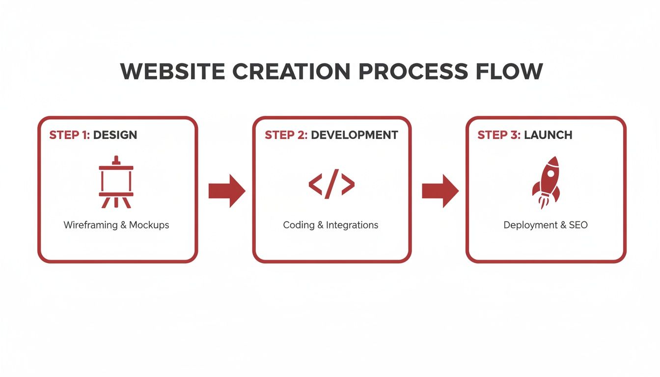 A three-step process flow for website creation, showing design, development, and launch phases.