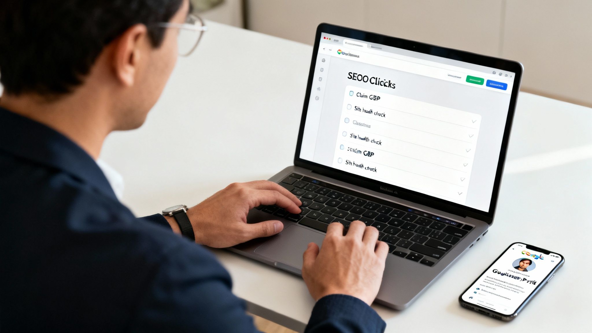 A man in a suit works on a laptop displaying SEO tasks, with a smartphone nearby showing a profile.