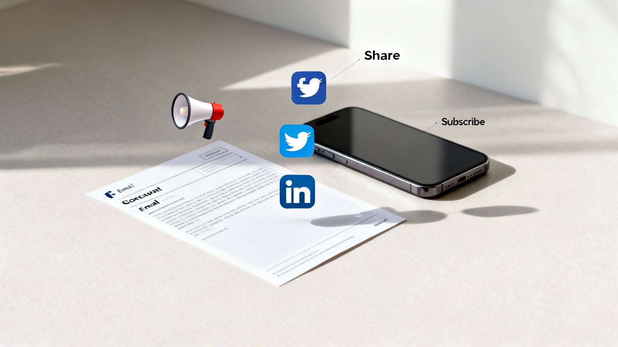 Digital marketing concept with email, social media icons, smartphone, and megaphone on a desk.
