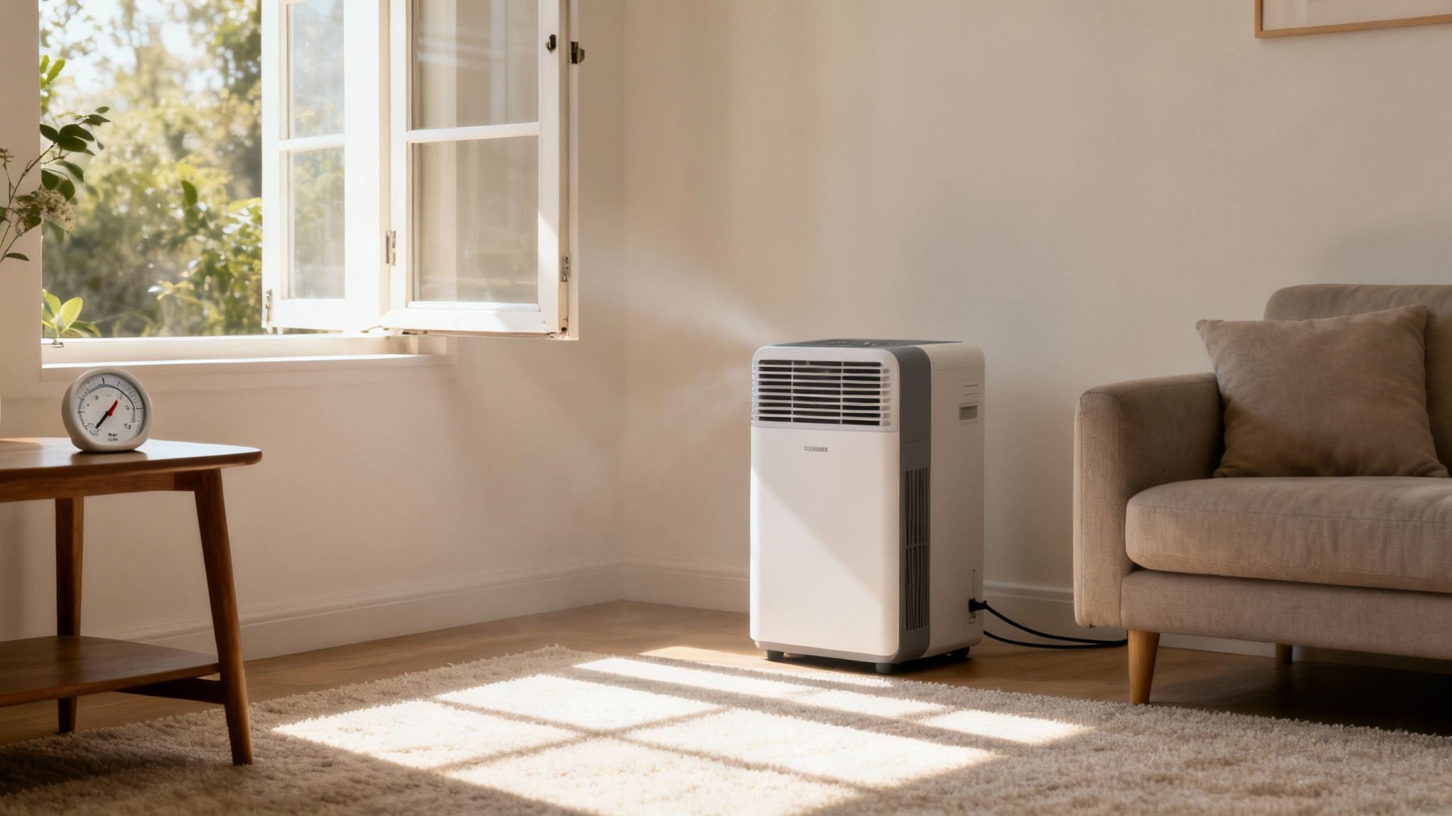 A white portable dehumidifier operating in a sunlit living room with a window and a beige sofa.