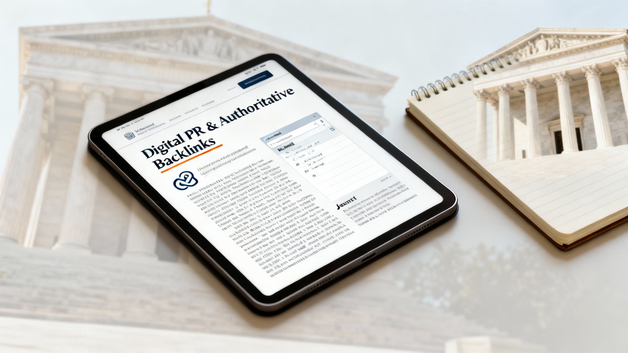 A tablet displaying "Digital PR & Authoritative Backlinks" next to a notebook with a courthouse drawing.
