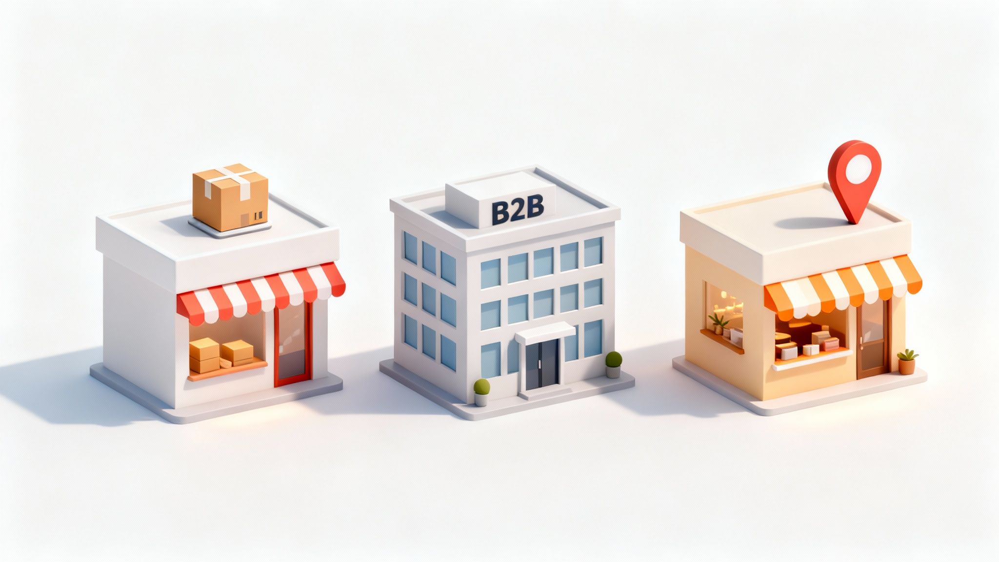 Three cartoon-style buildings representing different business models: a delivery store, B2B office, and retail shop.