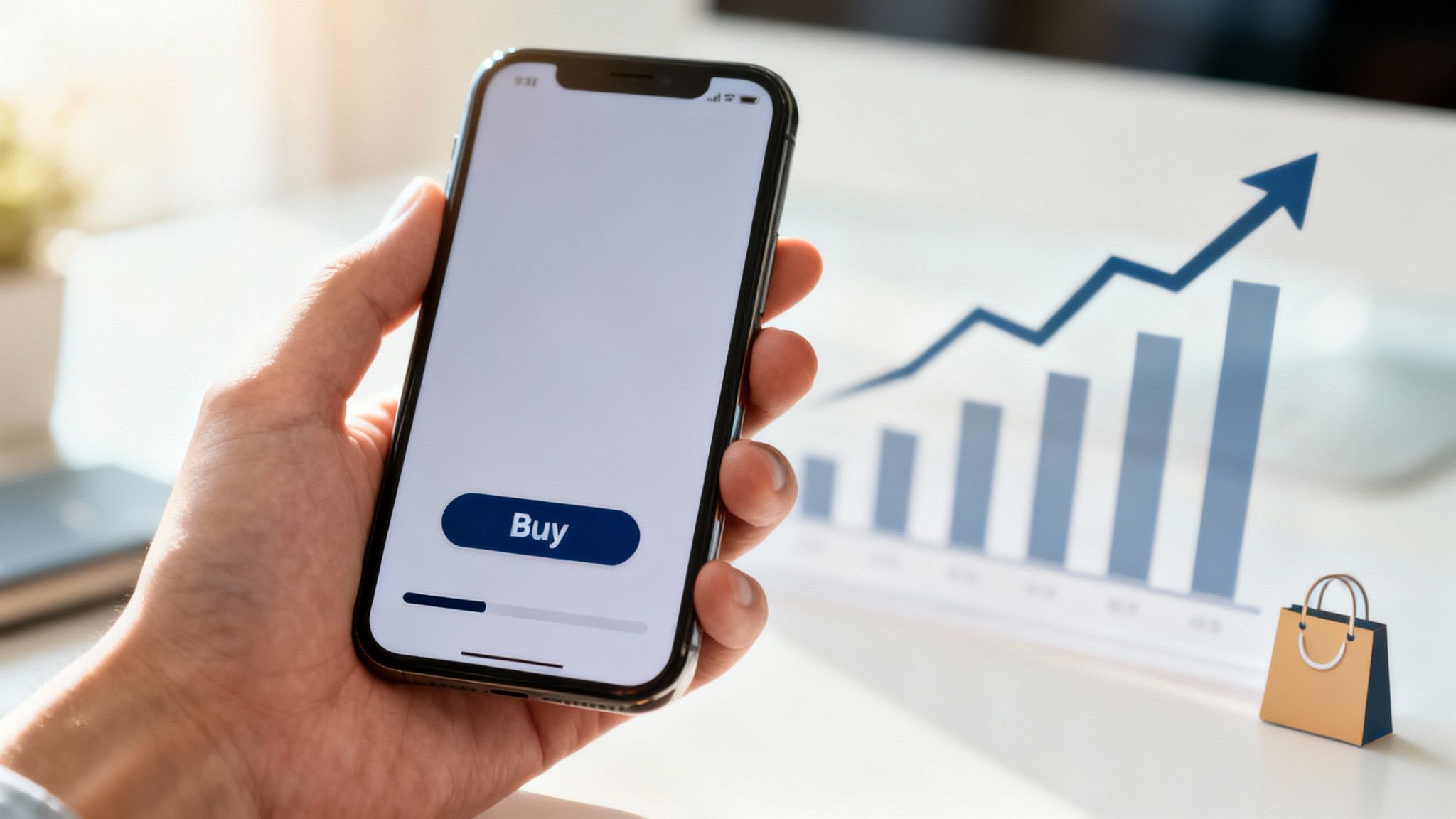 A hand holds a smartphone displaying a 'Buy' button, with a rising sales chart and a shopping bag in the background.