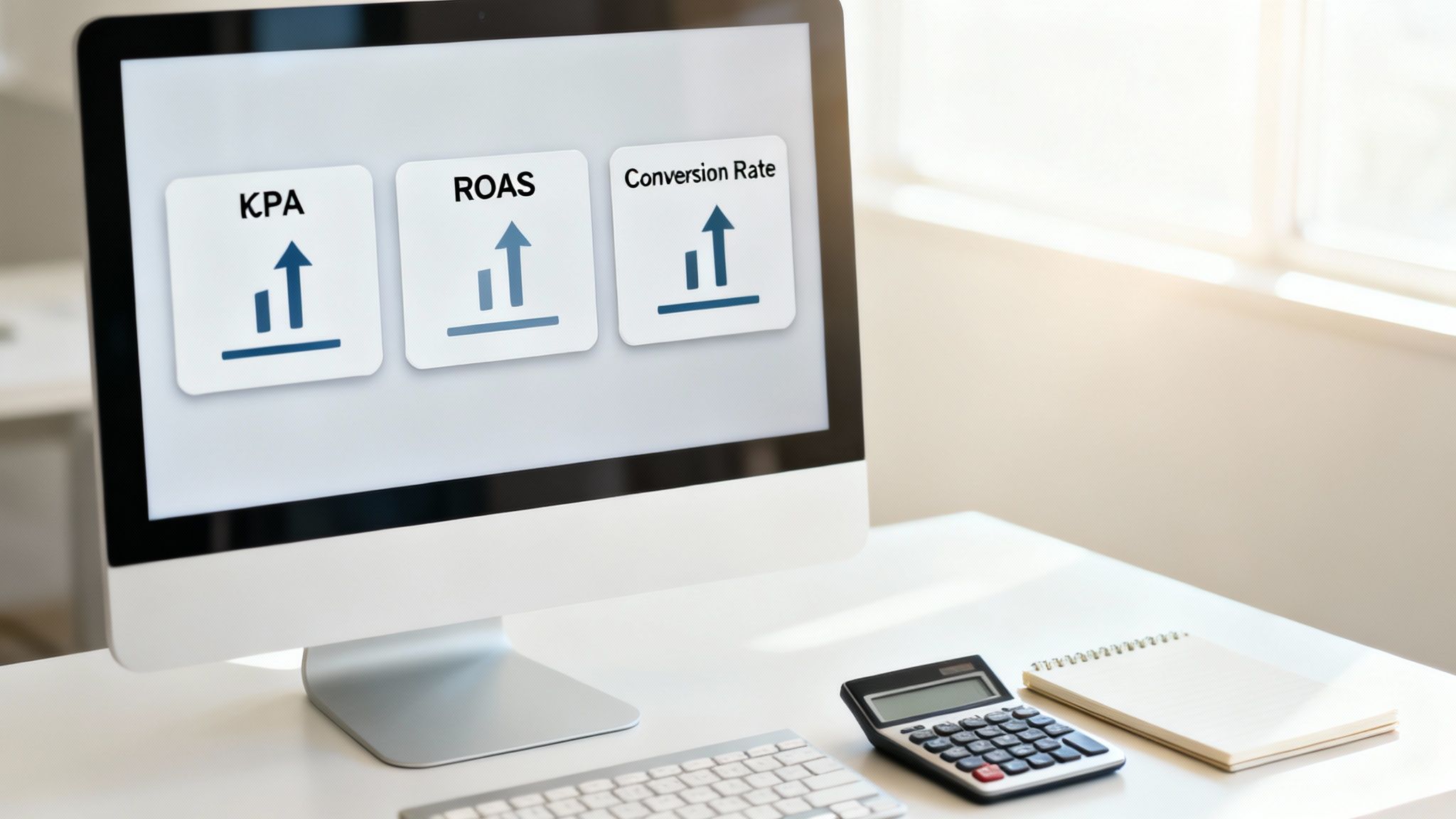 Computer monitor showing KPA, ROAS, and Conversion Rate metrics with upward trends, indicating strong ad performance.