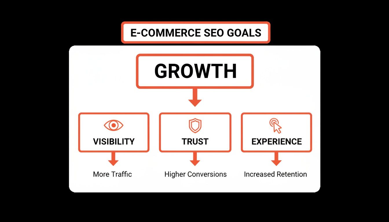 Flowchart illustrating e-commerce SEO goals: growth, visibility, trust, and experience leading to key business metrics.