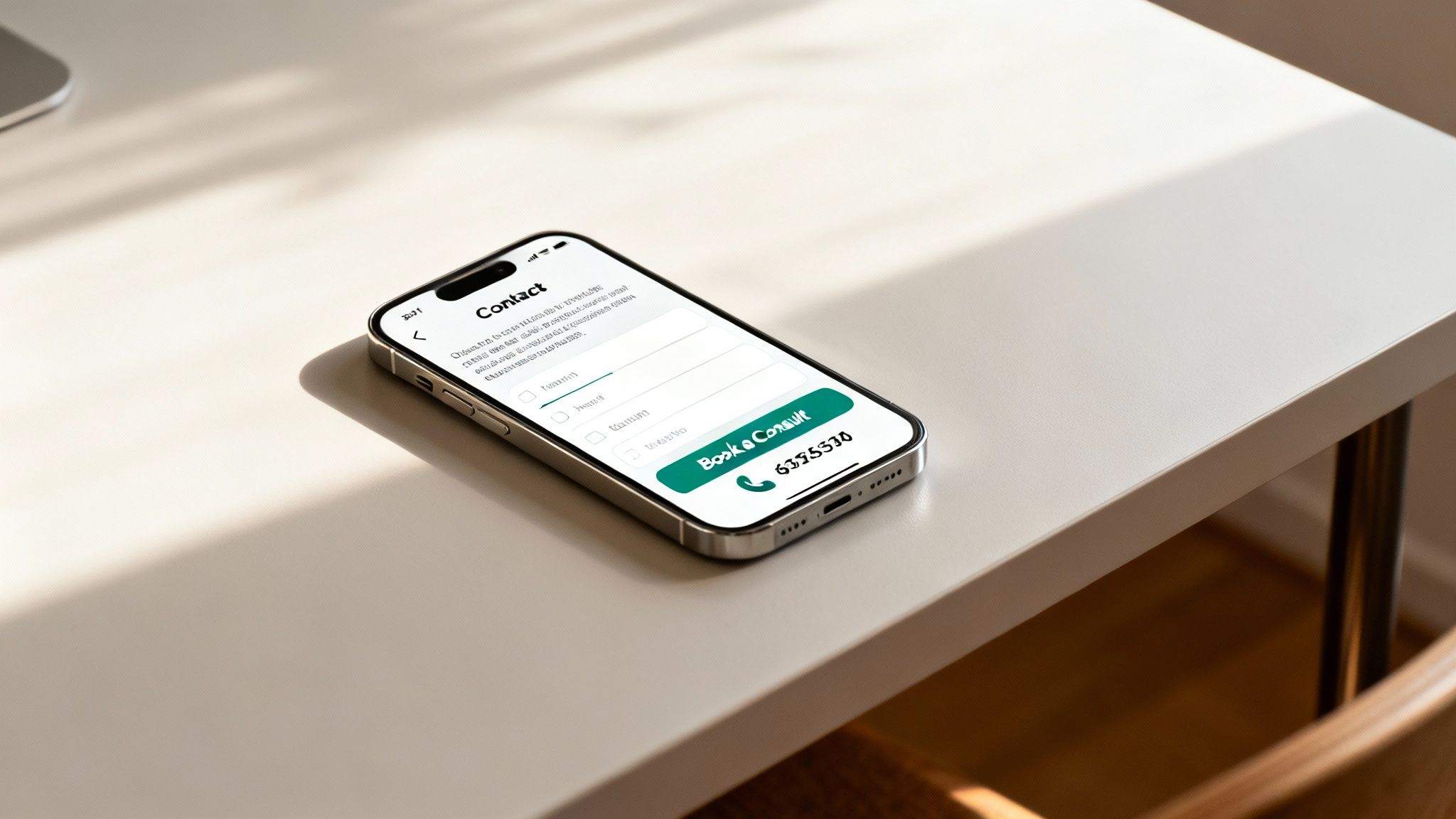 A person’s hand reaching out to click a "Contact Us" button on a clean, modern website.