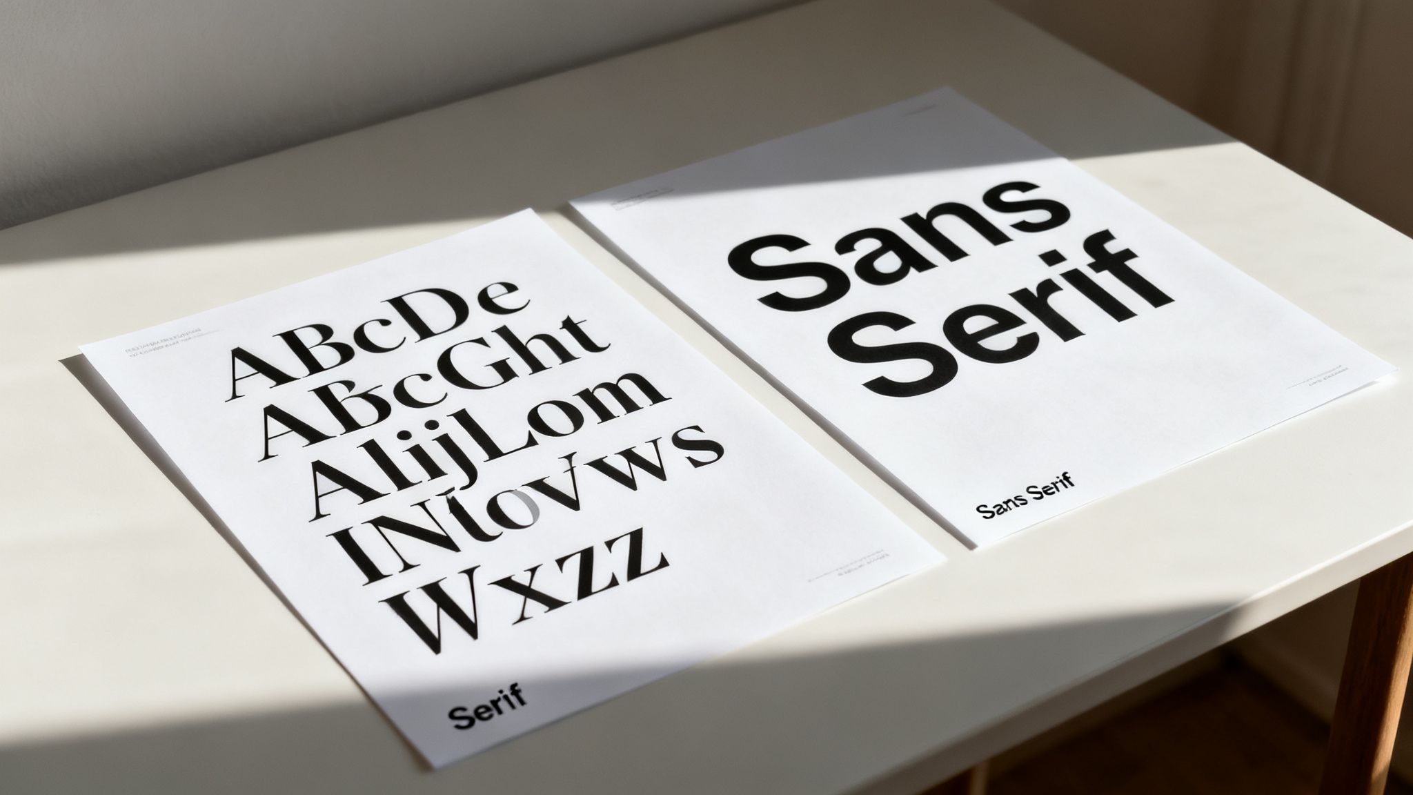 Two posters on a white table displaying examples of serif and sans-serif fonts.