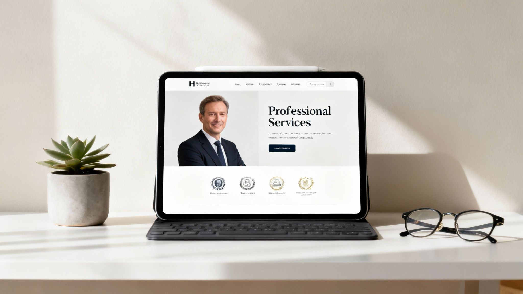 A woman interacting with a professional services website on a laptop, showing a clean and credible design.