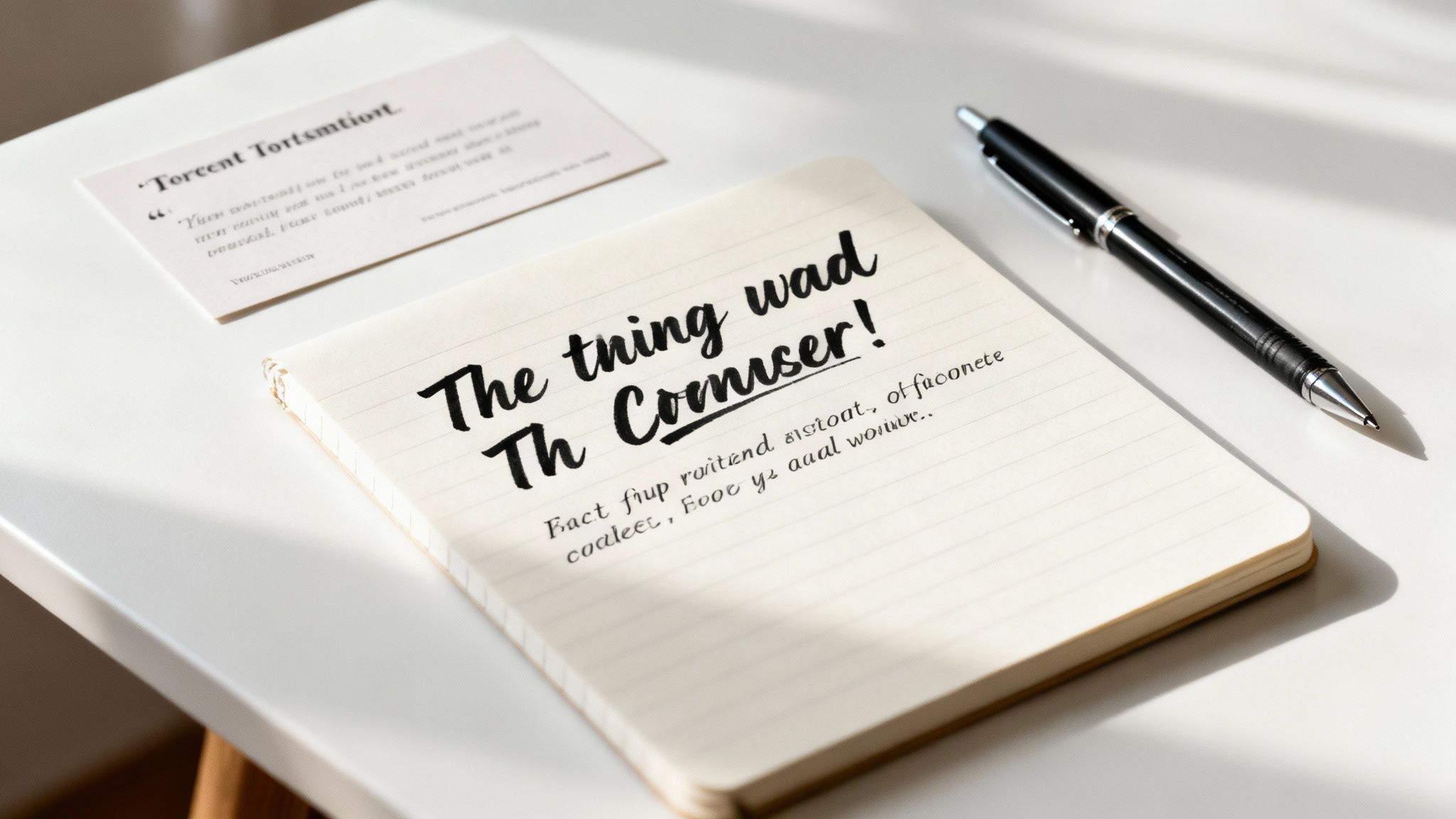 A top-down view of a notebook with handwritten text, a black pen, and a white card on a clean white desk.