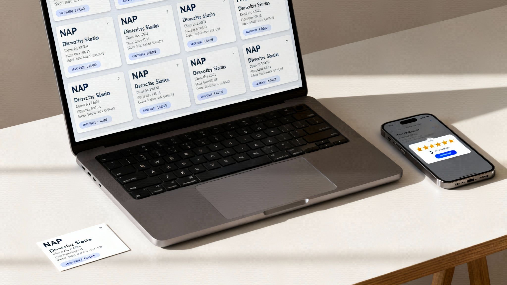 Laptop, smartphone, and business card displaying local business information and customer reviews.