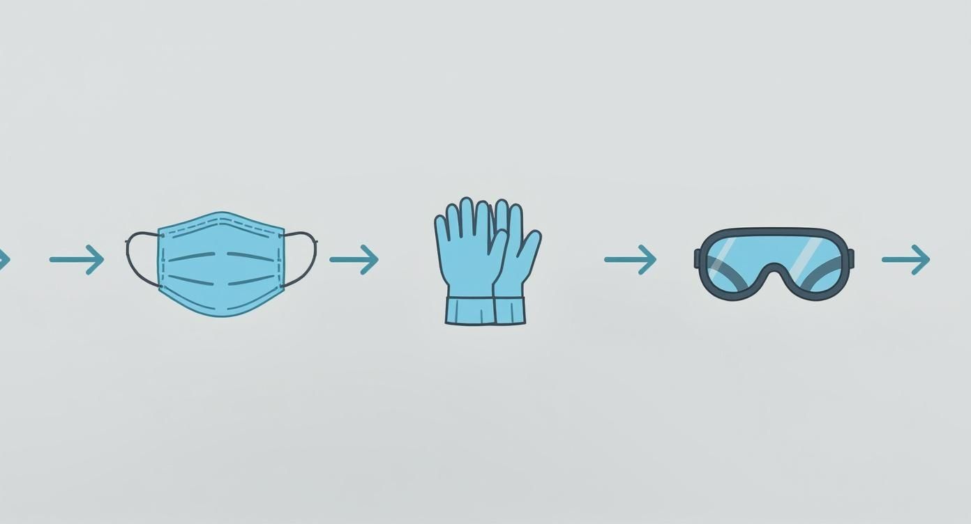 Infographic showing a horizontal flow of essential safety gear: a face mask, rubber gloves, and safety goggles.