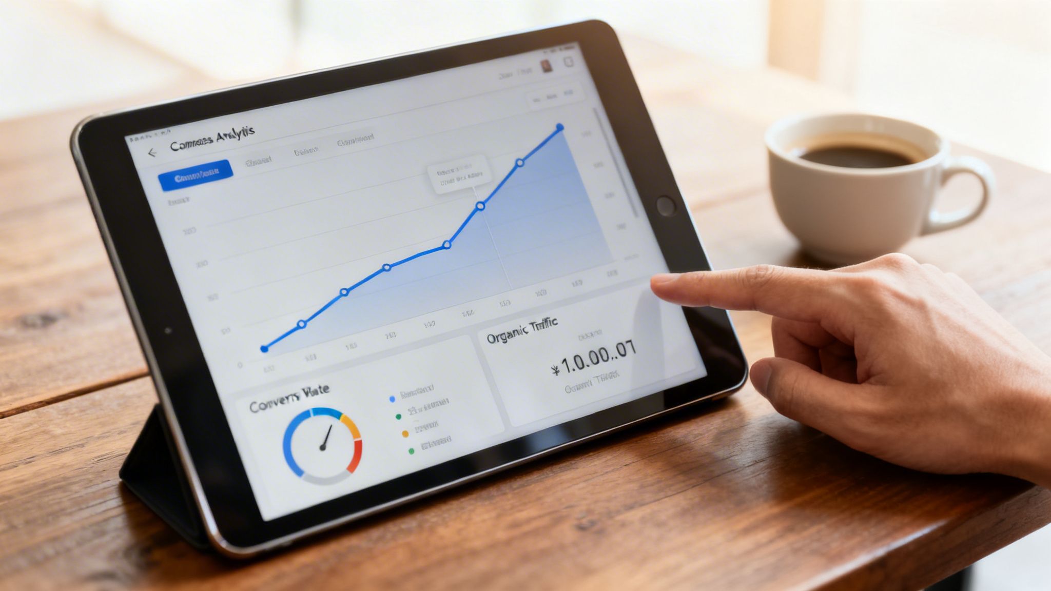 A hand interacting with a tablet displaying an ecommerce analytics dashboard with graphs and data.