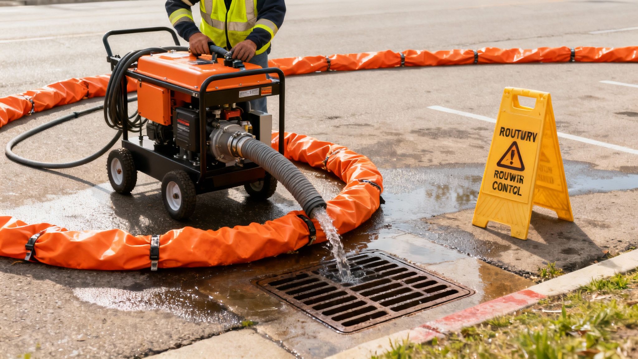 A worker operates an orange industrial water pump, directing drained water into a storm drain.
