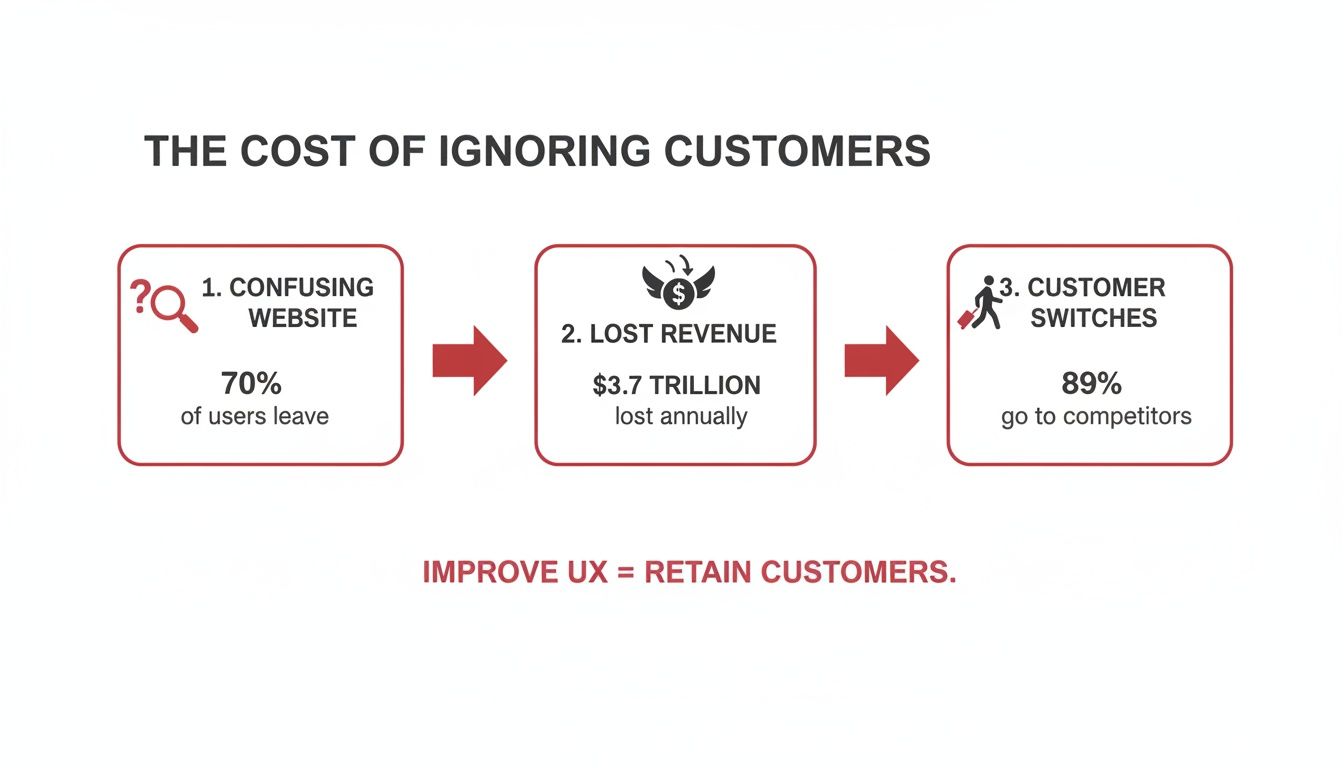 Infographic illustrating the financial costs of ignoring customers, detailing website issues, lost revenue, and customer switching.