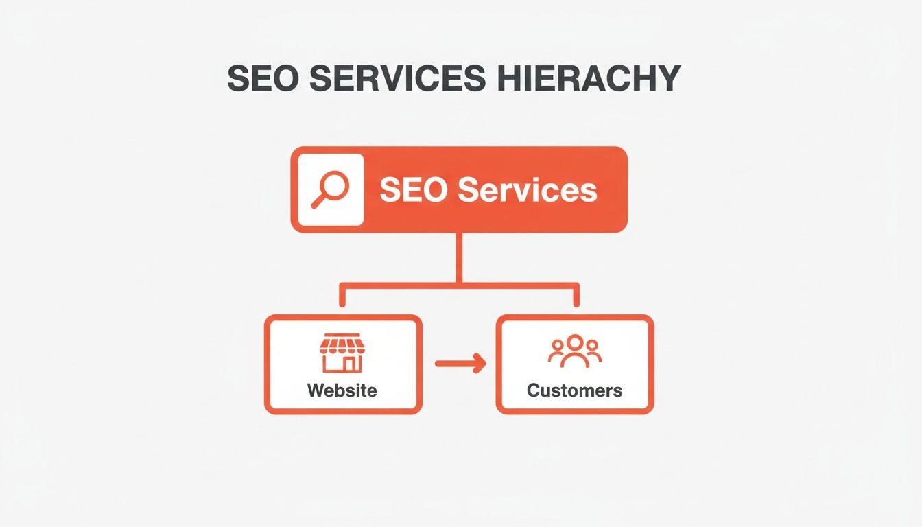 A flowchart illustrates SEO Services leading to a Website, which in turn leads to Customers.