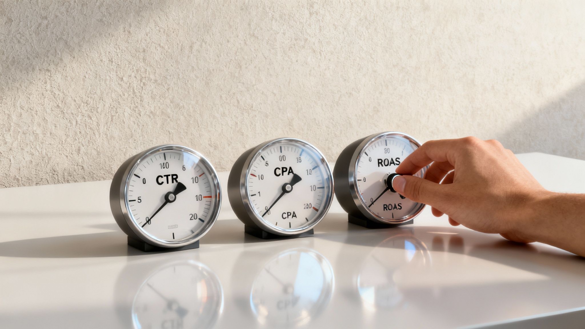 A pilot's dashboard with various gauges and dials, representing PPC metrics