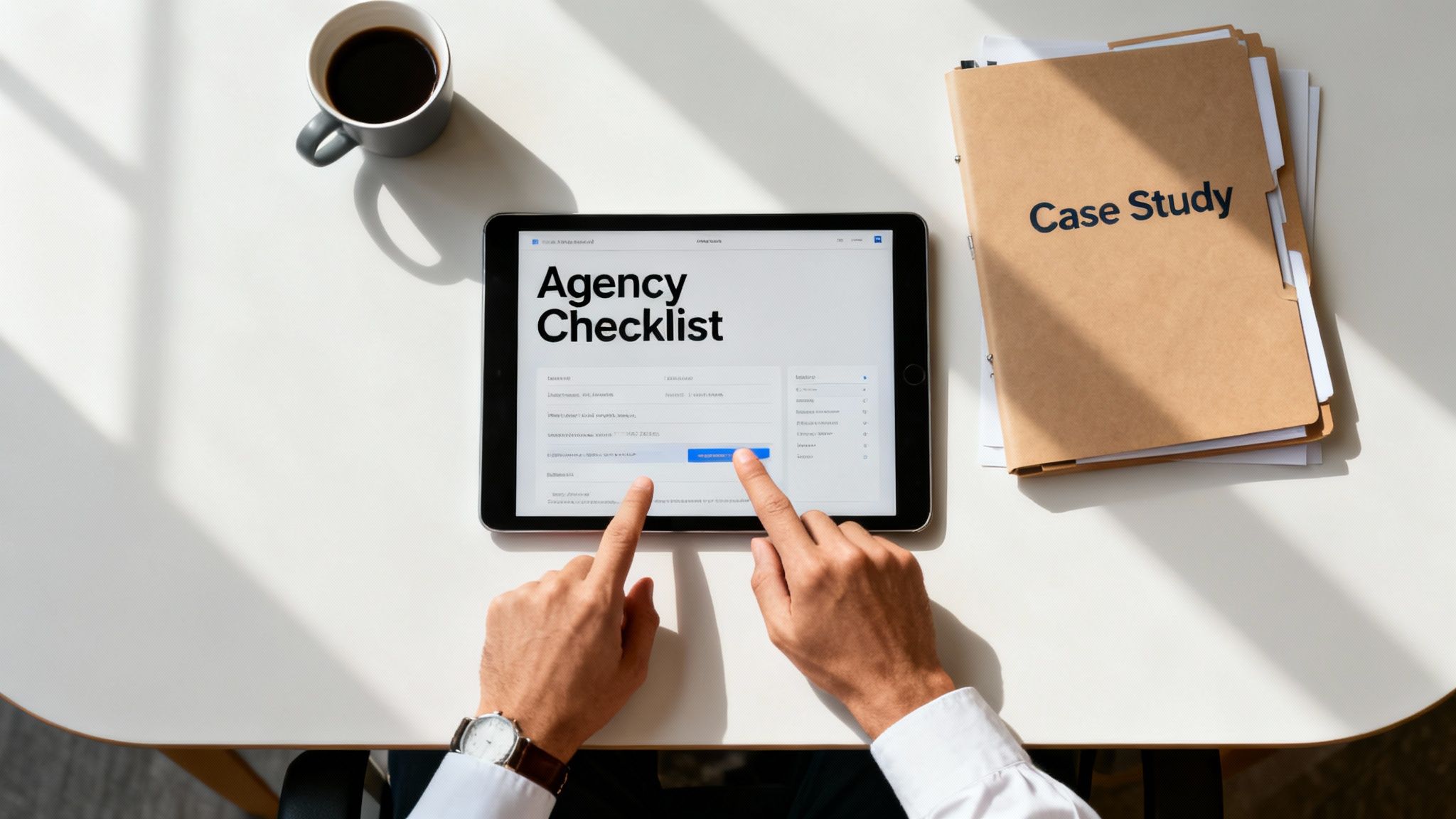 Overhead shot of hands interacting with a tablet displaying an "Agency Checklist", alongside a coffee mug and "Case Study" folder on a white desk.
