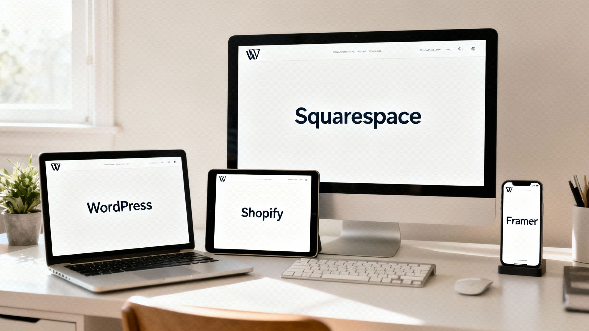 A modern desk with a laptop, desktop monitor, tablet, and smartphone displaying responsive website designs.