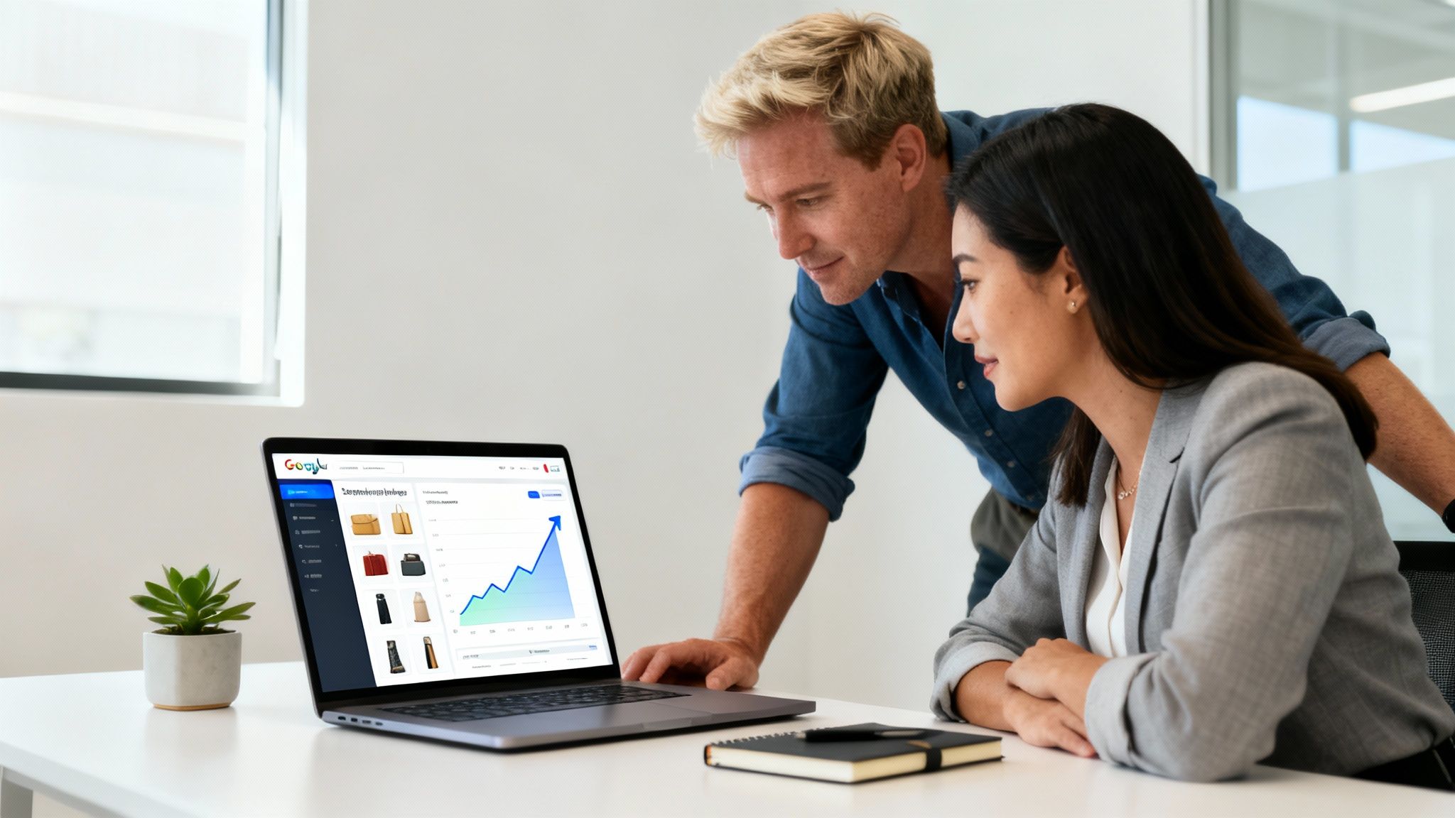 An e-commerce manager analysing a sales performance dashboard on a tablet