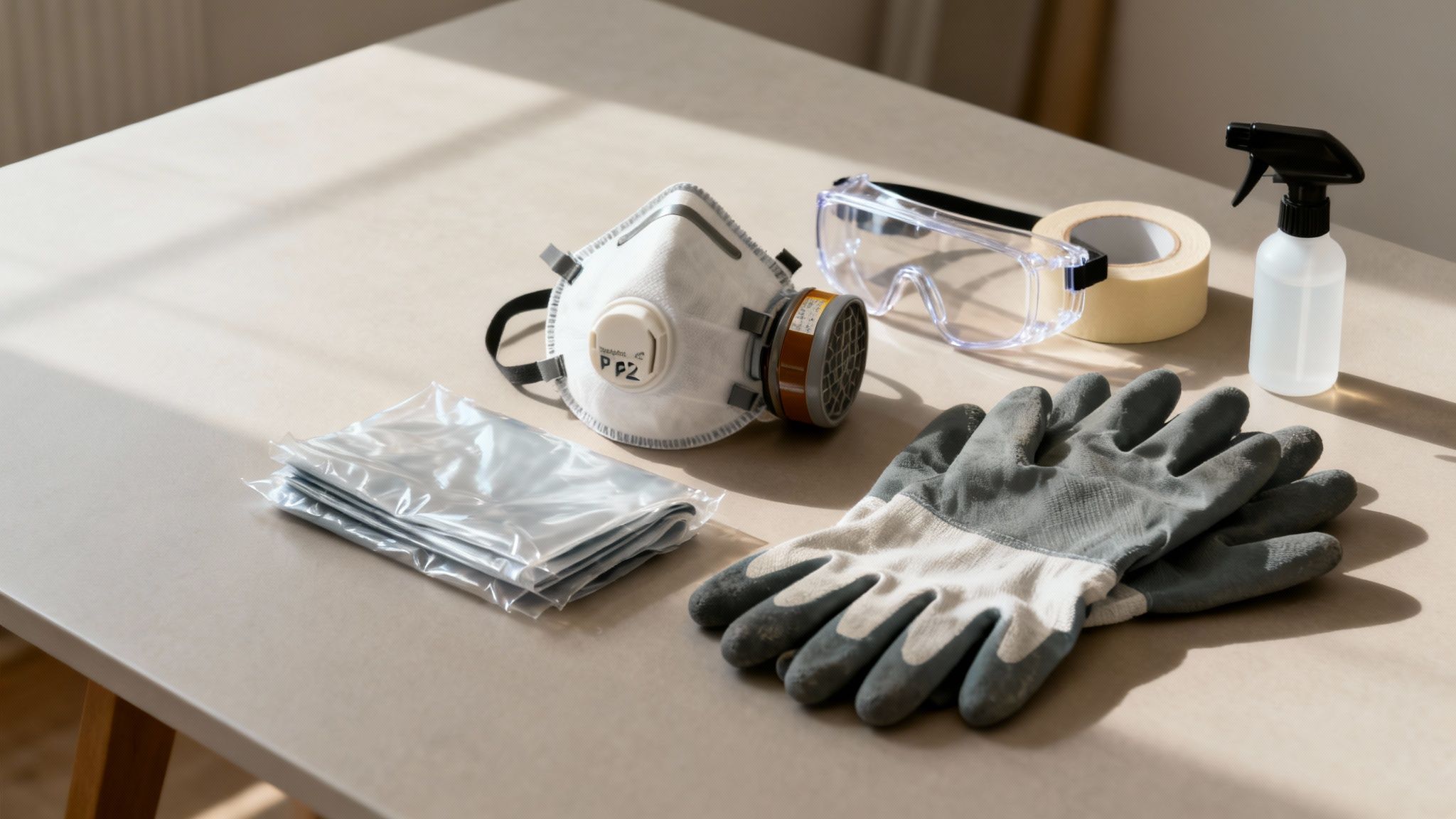 Personal protective equipment including respirator mask, safety goggles, gloves, and spray bottle for mold removal