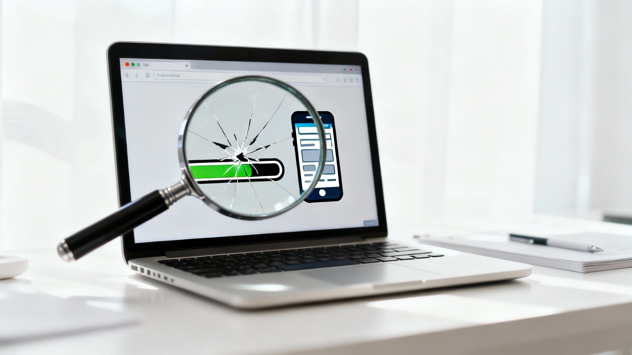 A magnifying glass hovering over a website page, representing the search for reasons behind high bounce rates.