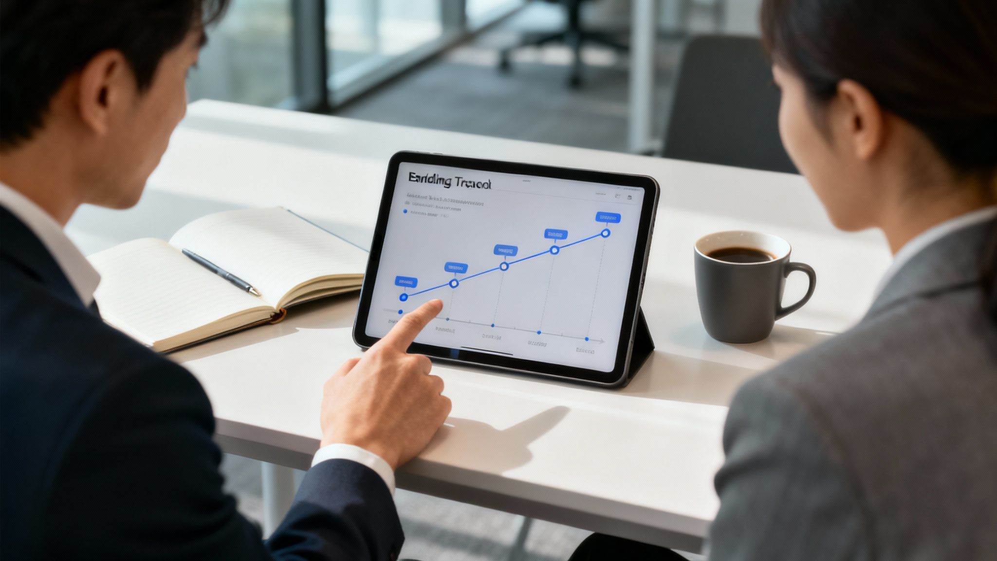 Business professionals reviewing banking travel growth chart on tablet during meeting with coffee