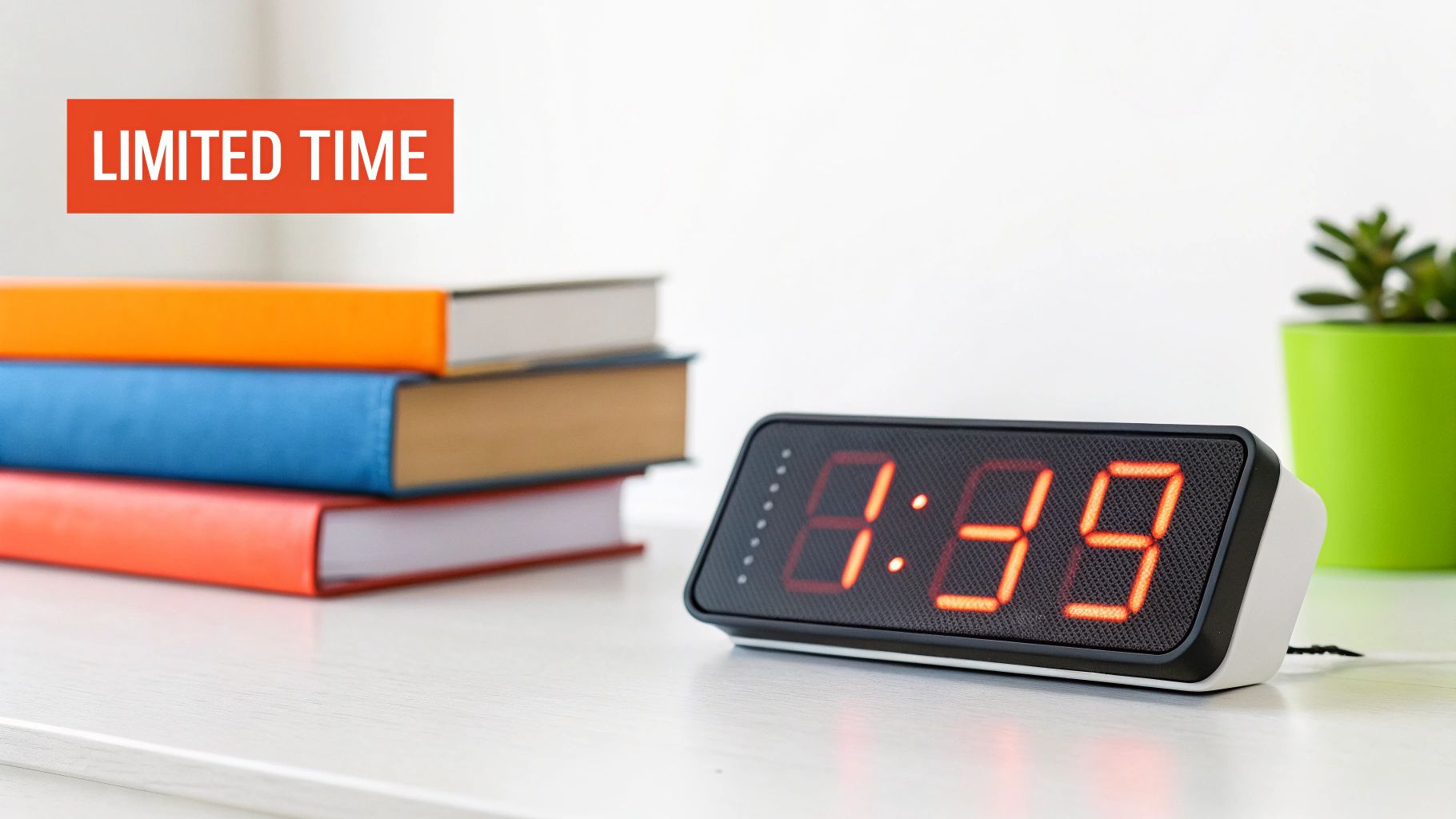 A countdown timer on a laptop screen next to a product, illustrating urgency and scarcity in ad copy.