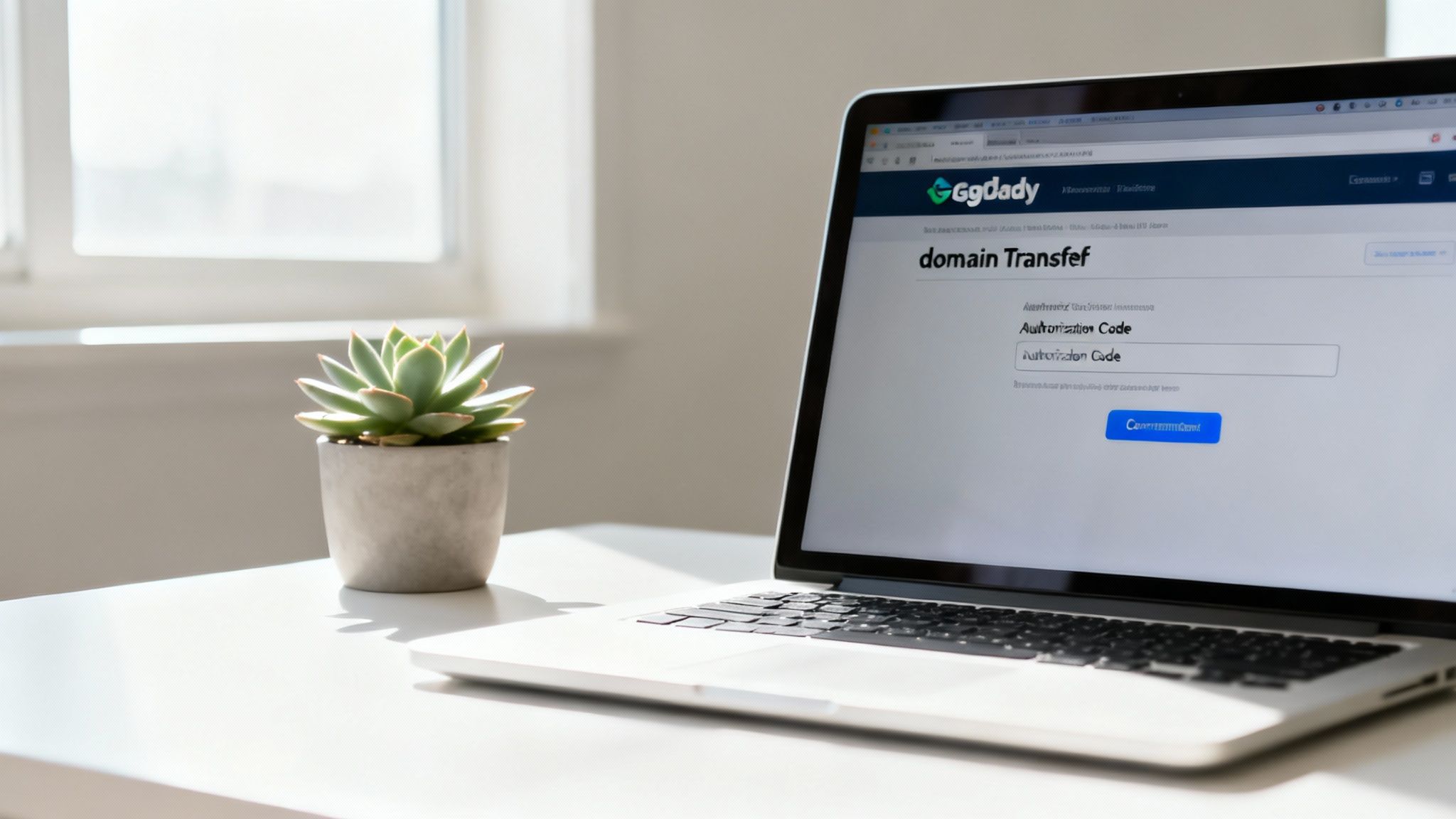 A laptop on a white desk displays the GoDaddy domain transfer page next to a potted succulent plant.