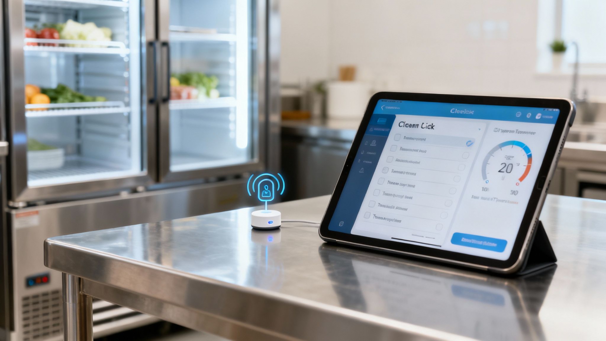 A tablet displaying a 'Clean Lick' app and a smart sensor on a stainless steel counter in a commercial kitchen.