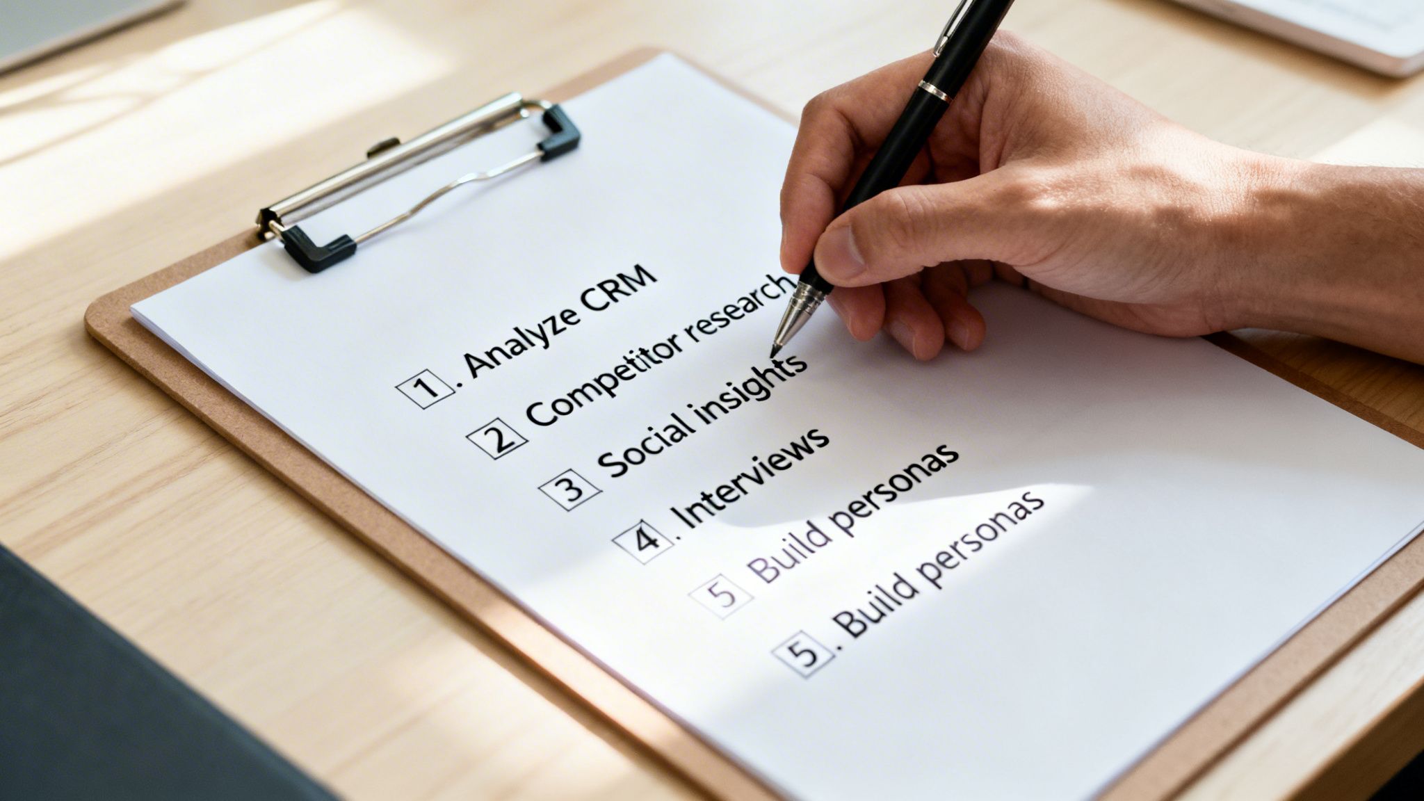 Close-up of a hand writing on a checklist with tasks like 'Analyze CRM' and 'Build personas'.