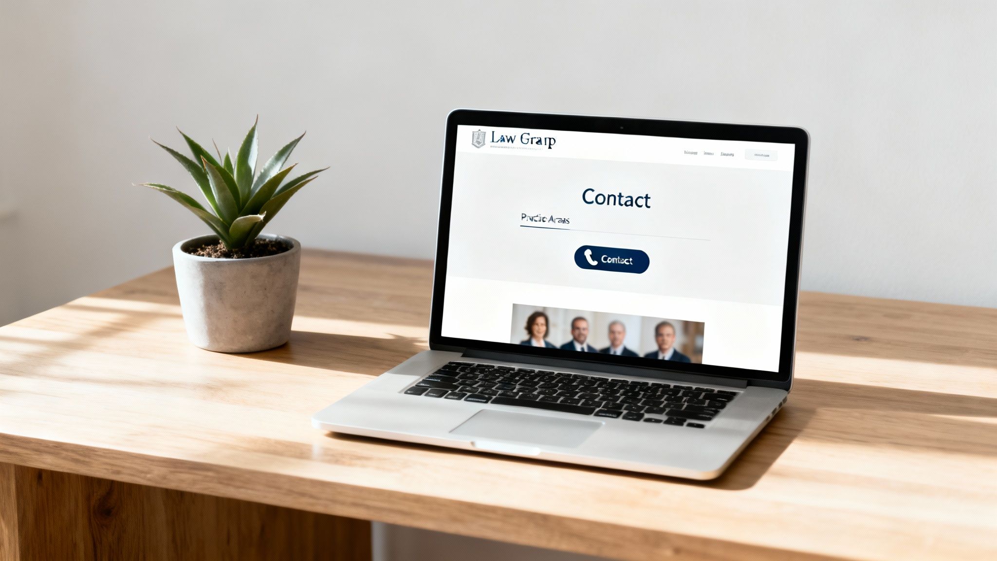 Laptop displaying a law office website's contact page on a wooden desk with a plant.
