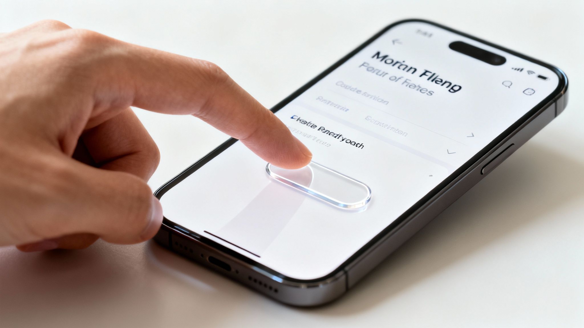 A person's finger taps a transparent pill-shaped button on a modern smartphone screen.