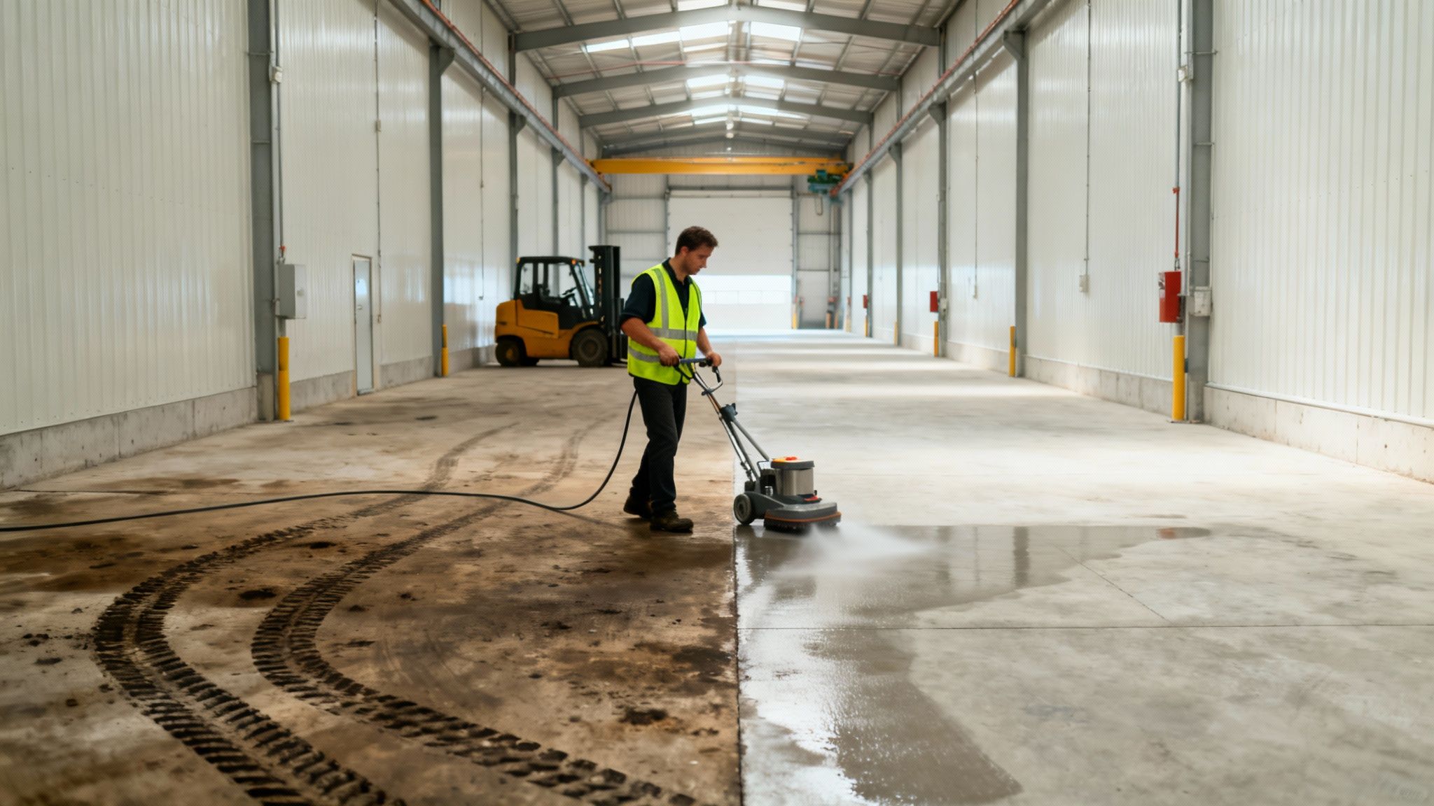 Worker in high-vis vest pressure washing a large industrial warehouse floor, showing clean vs. dirty comparison.