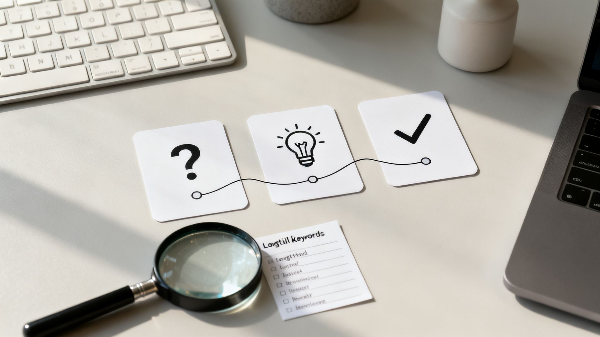 Desk with cards illustrating problem, idea, solution, magnifying glass, and longtail keywords list.