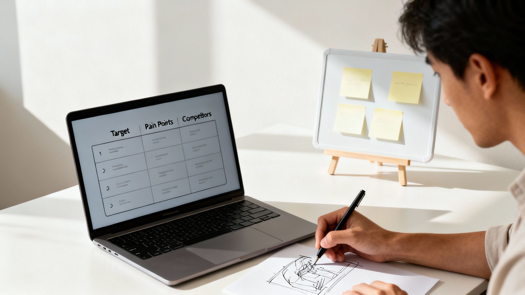 A man works at a desk, analyzing business strategy on a laptop and sketching ideas.
