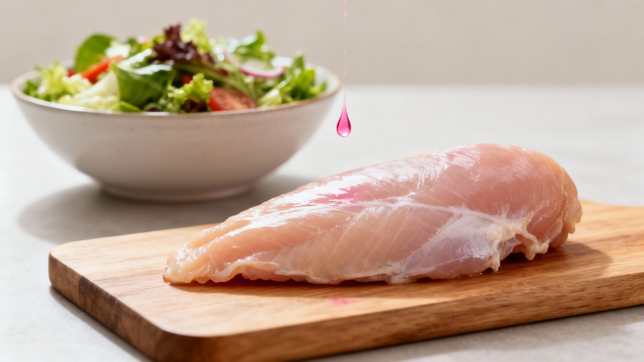 Raw chicken breast on a wooden cutting board with pink liquid dripping, salad in background.