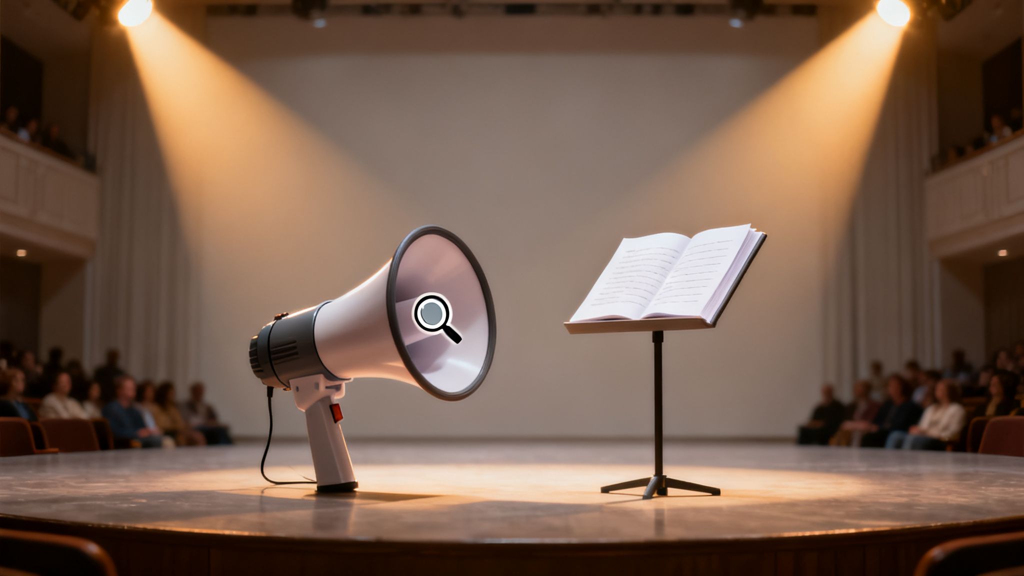 A spotlighted stage with a megaphone featuring a search icon, a music stand, and an audience.