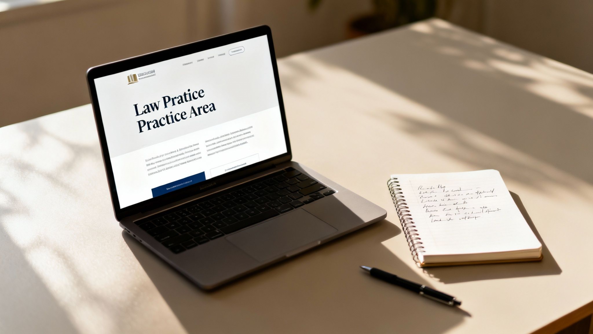 A laptop displaying a law practice website, a notebook with notes, and a pen on a desk.