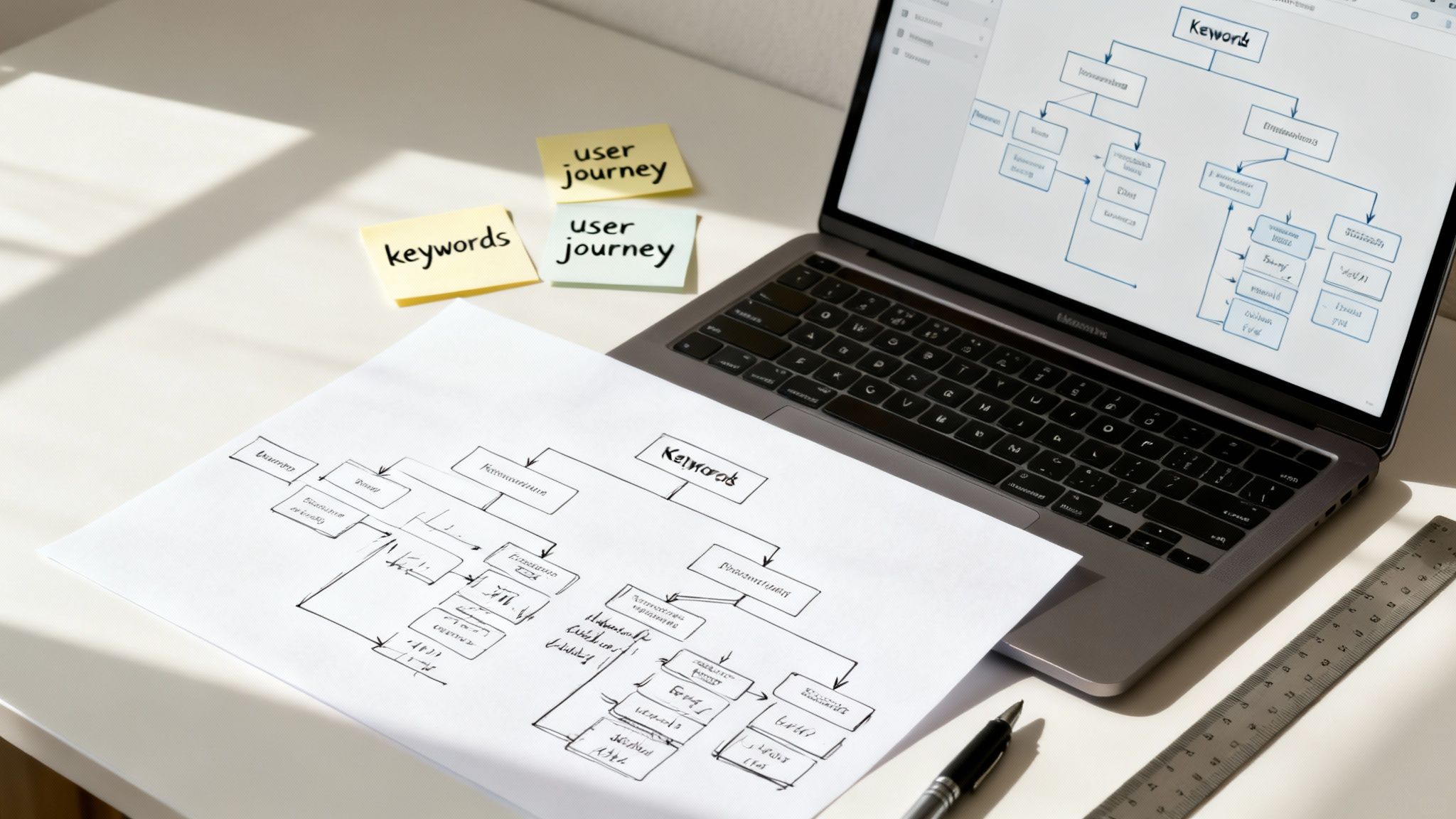 A desk with a laptop, paper, and sticky notes showing keyword research and SEO strategy planning.